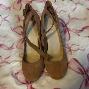 Marc Fisher Tan Suede Cross-Strap Pumps